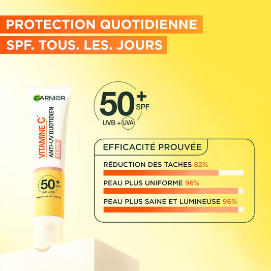Garnier Vitamin C Daily Sunfluid, SPF 50+, Protects and Corriates Sun Damage, Compensates Skin Tone, for Face and Neck, Vegan, for All Skin Types, Daily UV Glow, 40ml