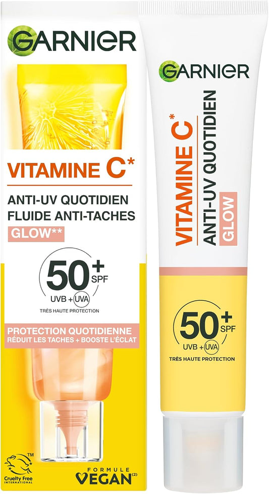Garnier Vitamin C Daily Sunfluid, SPF 50+, Protects and Corriates Sun Damage, Compensates Skin Tone, for Face and Neck, Vegan, for All Skin Types, Daily UV Glow, 40ml