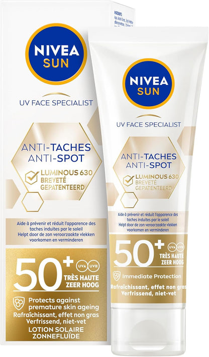 NIVEA SUN Face Luminous Anti-Spot Sunscreen Face - Face Cream with SPF 50+ - Anti Pigment Spots Cream - Sunscreen - Protects and evens - 40 ml