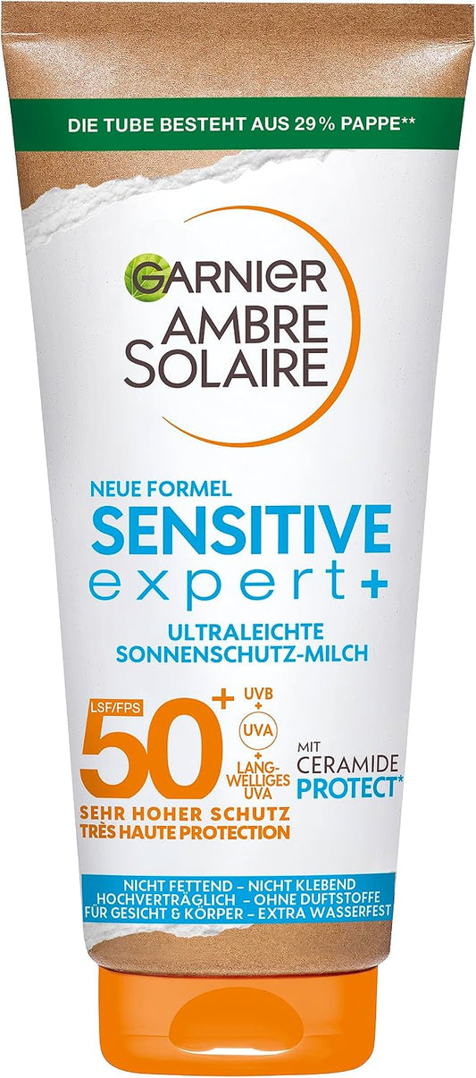Garnier Sunscreen milk with SPF 50+, very light and residue-free sunscreen for light and sensitive skin, Ambre Solaire Sensitive Expert+, 1 x 175 ml