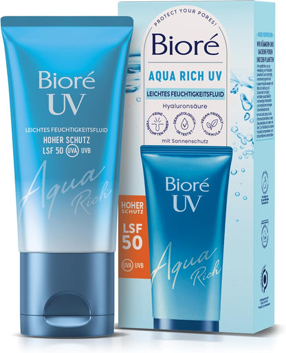 Bioré Aqua Rich UV Light, Moisturising Liquid for the Face, Sun Protection, SPF 50, UVA/UVB, Works Under Makeup, Non-greasy